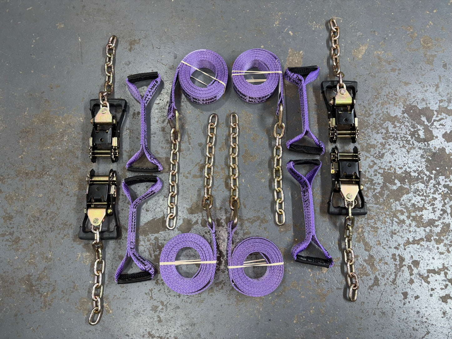8 Point Kit of 16' Premium Webbing and Heavy Duty Comfort Ratchet Rollback / Flatbed Car Tie-Downs with Chain Tails