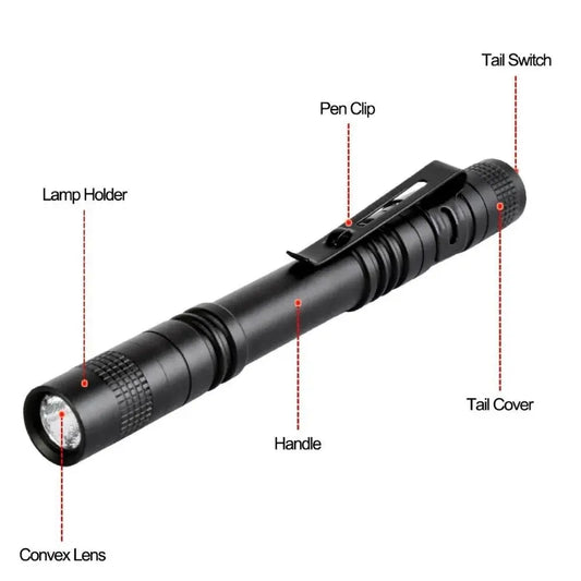 Compact LED Flashlight Penlight - Clip On Mini Pocket Torch Light Pen Lamp