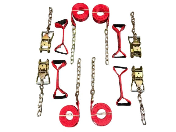 8 Point Kit of 16' Premium Webbing Rollback / Flatbed Car Tie-Downs with Chain Tails