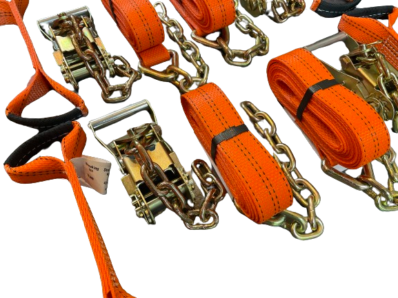 8 Point Kit of 16' Premium Webbing Rollback / Flatbed Car Tie-Downs with Chain Tails