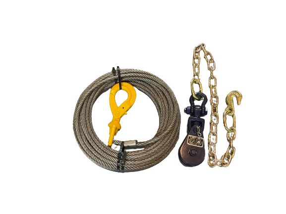 3/8" X 55' Winch Cable with 2T Snatch Block with Chain & Grab Hook