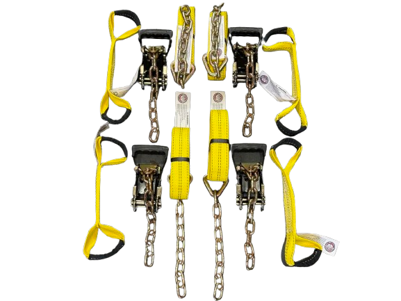 8 Point Kit of 14' Premium Webbing and Heavy Duty Comfort Ratchet Rollback / Flatbed Car Tie-Downs with Chain Tails