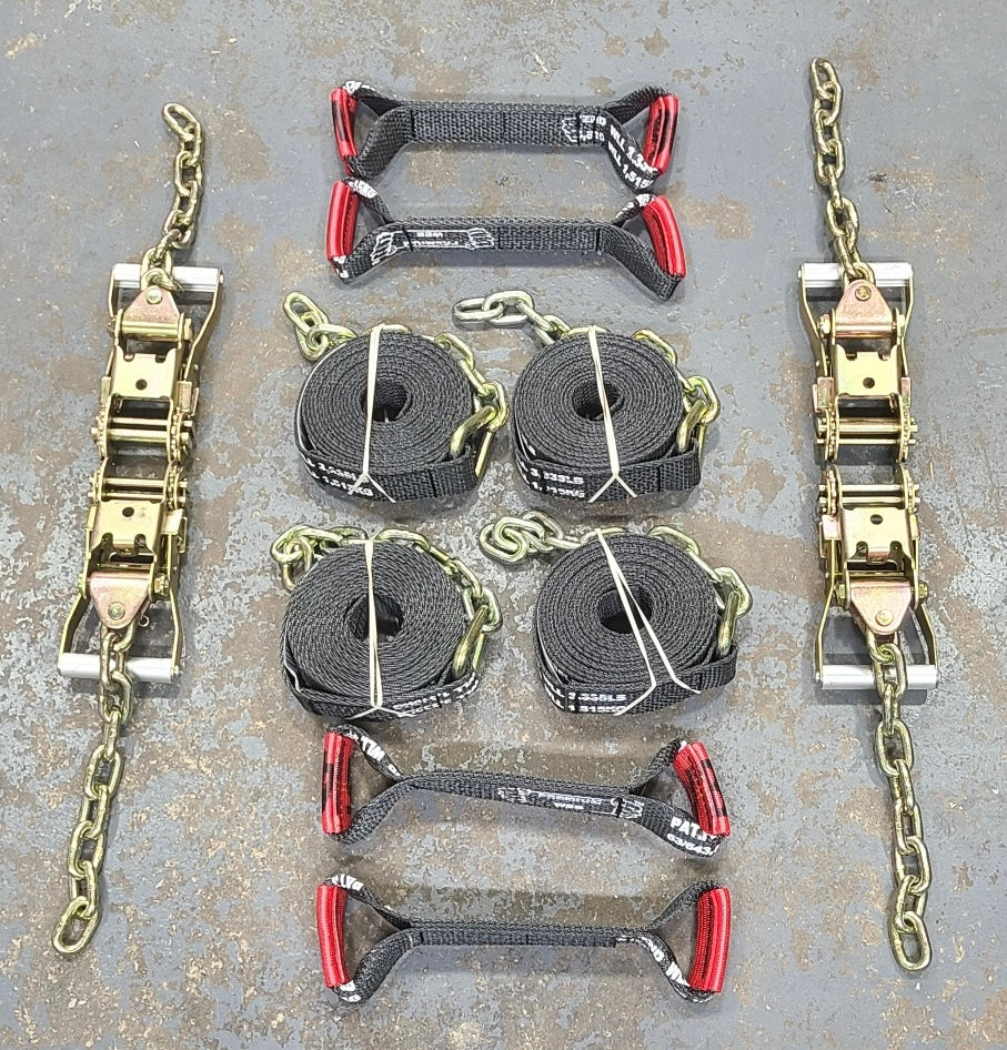 8 Point Kit of 16' Premium Webbing Rollback / Flatbed Car Tie-Downs with Chain Tails