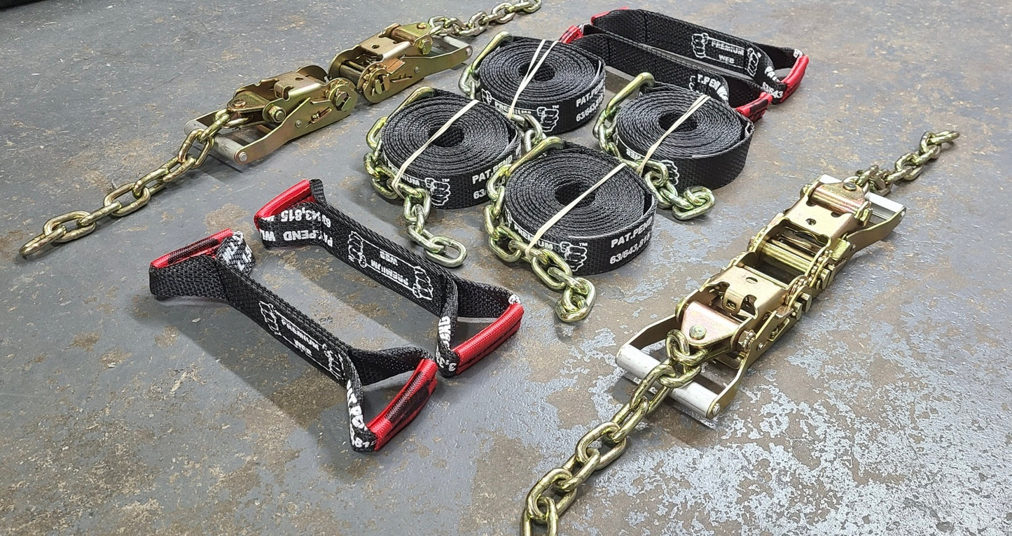 8 Point Kit of 16' Premium Webbing Rollback / Flatbed Car Tie-Downs with Chain Tails