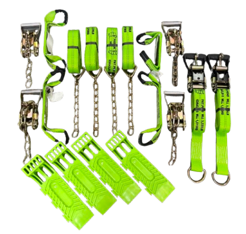 Bundle - 8 Point Tie Down Kit with Wheel Lift Ratchet Straps and Set of 4 Hi-Viz Interlocking Skates