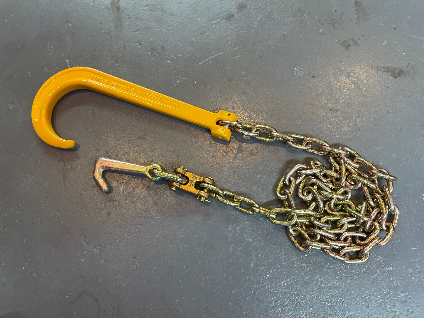 5/16 X 8' Safety Chain w/ G80 15" J hook and Mini J hook on other end for Rollback Tow Trucks