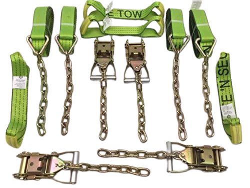 8 Point Heavy Duty TECNIC Strap Kit 14' for Rollback/Flatbed Tie Downs with 12" Chain Tail