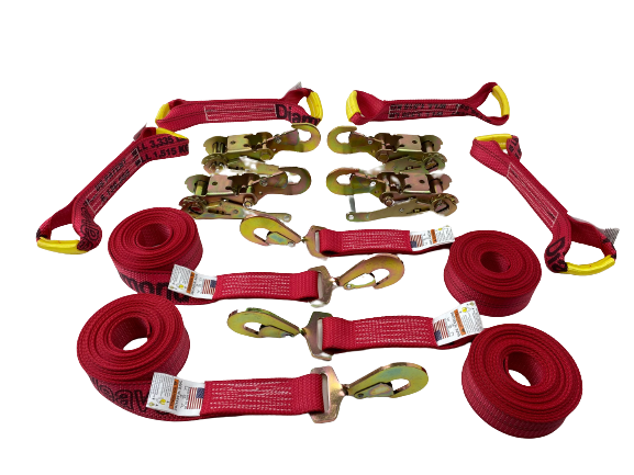 8 Point Kit DIAMOND WEAVE Rollback / Flatbed Car Tie-Downs with Twisted Snap Hooks