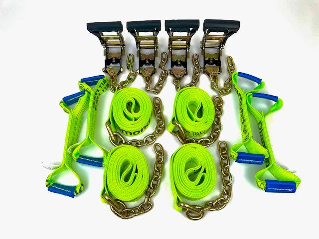 8 Point Heavy Duty 14' Diamond Weave Strap Kit for Rollback/Flatbed Tie Downs with 12" Chain Tails