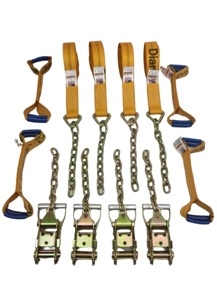 14' 8 Point Kit of DIAMOND WEAVE Rollback / Flatbed Car Tie-Downs with Chain Tails / SALES TRIP