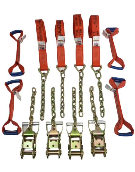 14' 8 Point Kit of DIAMOND WEAVE Rollback / Flatbed Car Tie-Downs with Chain Tails / SALES TRIP